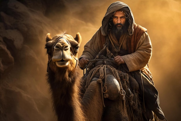 Zdjęcie arab jeździ na wielbłądzie na pustyni