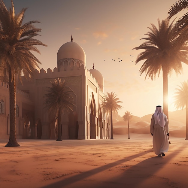 Zdjęcie arab spacerujący wpatrując się w pustynię