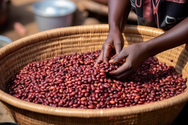 Arabica ziarna kawy uprawiane ekologicznie i lokalnie Pracownik zbiera jagody kawy arabica w jego br
