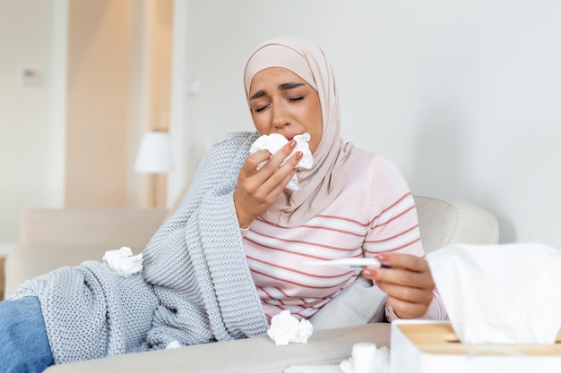 Arabka ma grypę i używa termometru Choroba z zapaleniem nosa kobieta z hidżabem ma kapiący nos Kobieta choruje na grypę leżąca na kanapie patrząca na temperaturę na termometrze