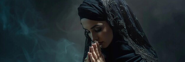 Arabka modli się do boga na ciemnym tle studia Efekt kinematograficzny