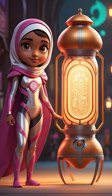 Zdjęcie arabska dziewczyna superbohater postać i ramadan latarnia