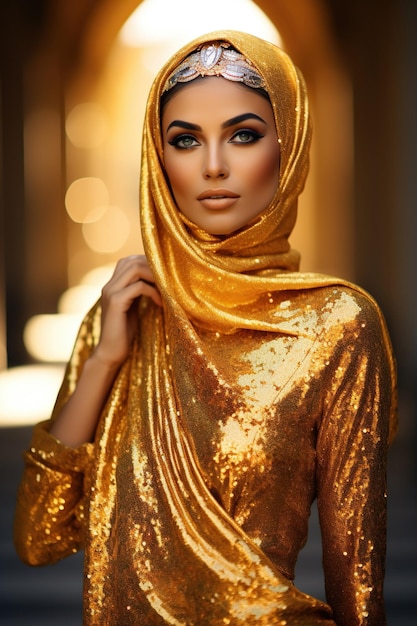 Arabska kobieta w złotej sukience na ulicy
