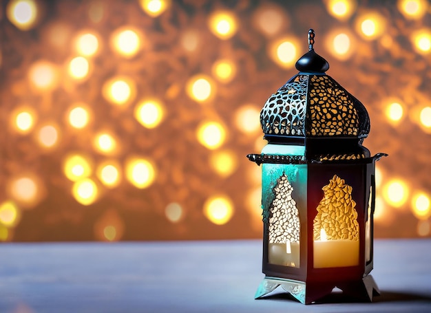 Arabska latarnia fotograficzna z płonącą świecą i światłami bokeh w tle ramadanu