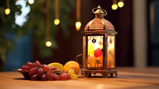 Arabska latarnia i owoce na stole ramadan kareem Generacyjna sztuczna inteligencja