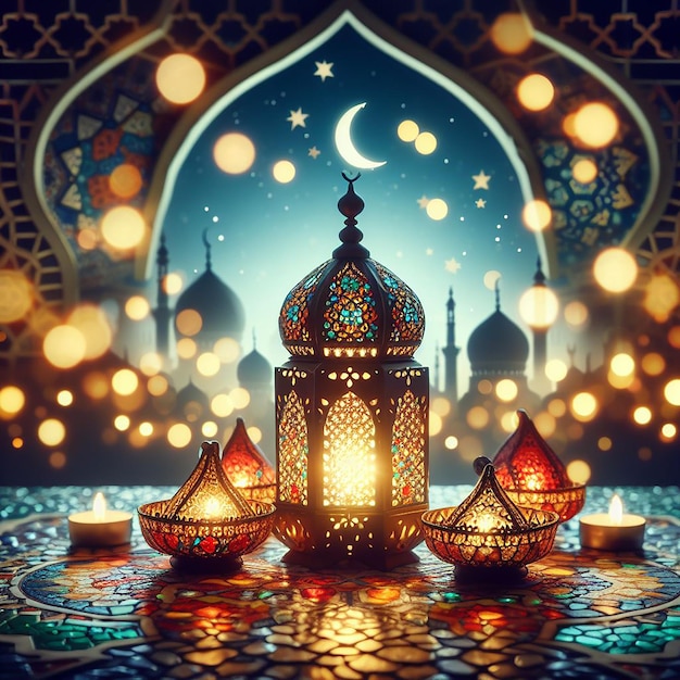 Arabska latarnia i ramka na Ramadan Kareem.