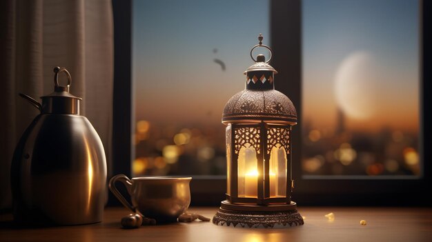 Arabska latarnia na drewnianym stole przed oknem