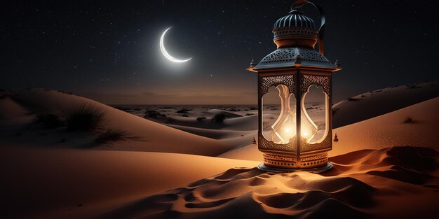 Arabska latarnia na pustyni z księżycem w tle