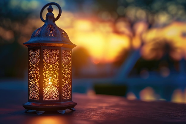 Arabska latarnia ze świecą w tle meczetu na Ramadan