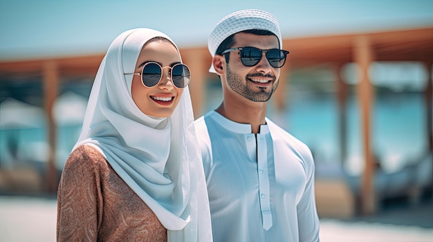 Arabska para w tradycyjnych ubraniach spotykająca się na świeżym powietrzu