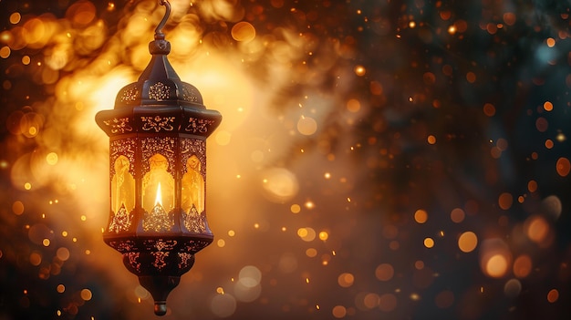 Arabska świecąca latarnia z ogniem i ozdobnym tłem z żółtawymi cząstkami