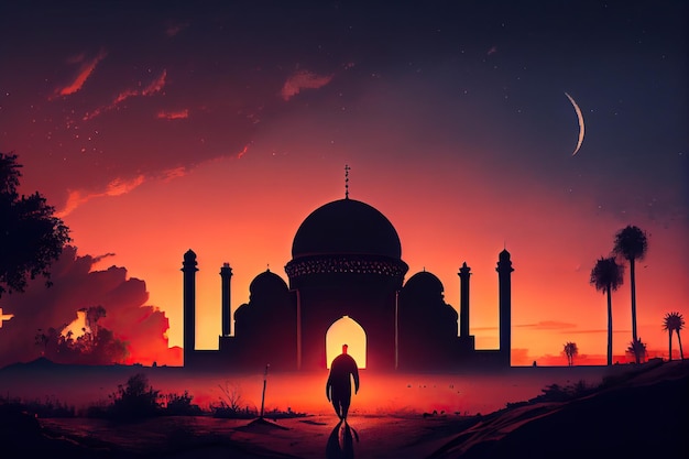Arabska sylwetka zbliżająca się do meczetu o zachodzie słońca generatywnej sztucznej inteligencji