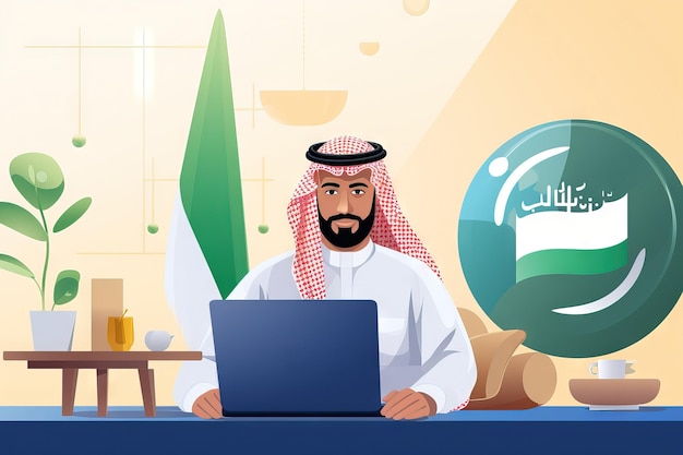 Arabski biznesmen z Arabii Saudyjskiej siedzi przed laptopem i uczestniczy w spotkaniu online Generacyjna sztuczna inteligencja
