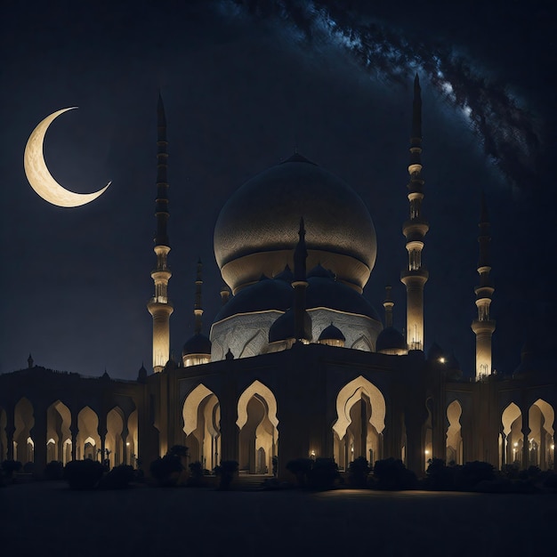 Arabski meczet z gwiazdami i księżycem na pięknym niebie eid ul adha