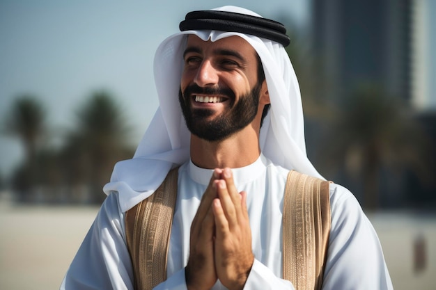 Arabski mężczyzna uśmiecha się do kamery