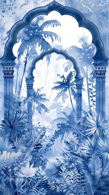 Zdjęcie arabski niebieski i biały łuk z palmami i roślinami