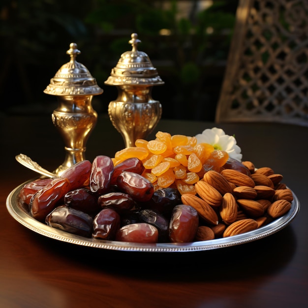 Arabski talerz z rosynkami i orzechami palmowymi Bogata w składniki odżywcze uczta na rozbicie postu w Ramadanie