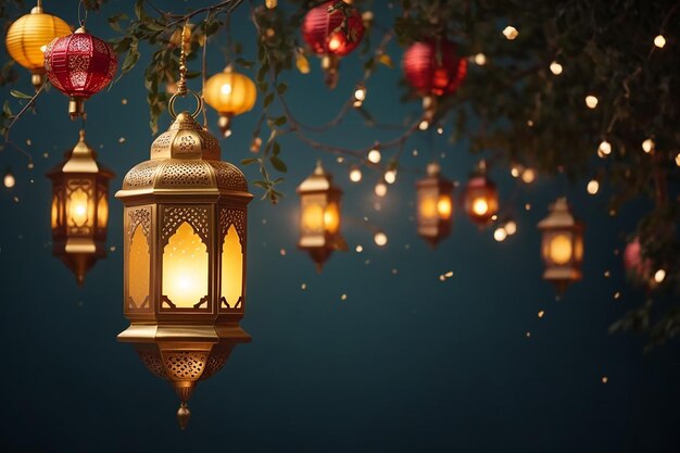 Arabski tradycyjny Ramadan Kareem wschodnie latarnie girlandy muzułmańskie ozdobne wiszące złote latarnie gwiazdy i księżyc ilustracja wektorowa islamska orientalna girlanda muzułamańska latarnia świąteczna tradycyjna