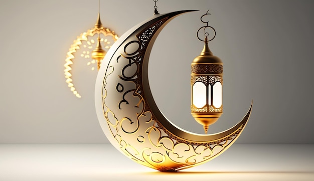 Arabski wisiorek z półksiężycem i latarnią na jasnym tle Ramadanu Generative AI