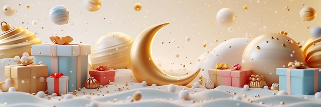 Arabski złoty księżyc z prezentami i balonami pełna dekoracja Eid Mubarak islamskie tło rendering 3d