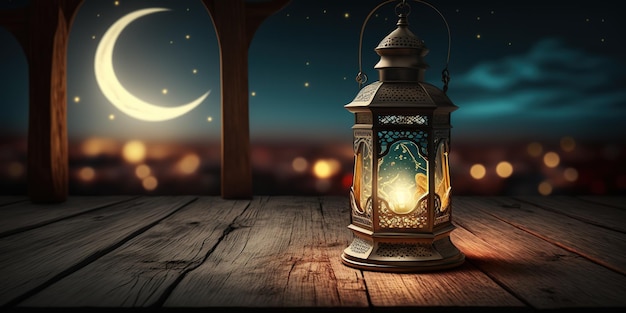 arabskie światło latarni na drewnianym stole za gwiaździstą nocą z dużym księżycem w tle ramadan