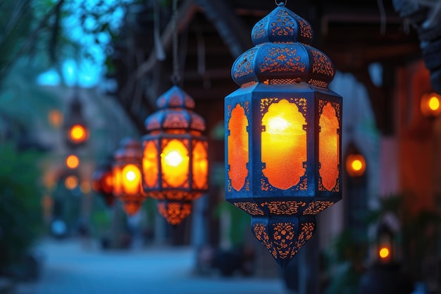 Arabskie wiszące latarnie w ciemną noc gęstą z profesjonalną fotografią muzułmańską atmosferą