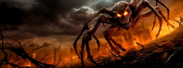 Arachnofobia strach przed pająkami straszny straszny potwór w kształcie pająka w lesie Generacyjna AI