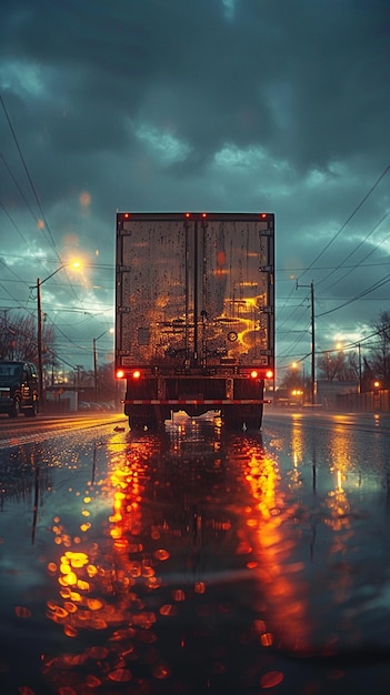 araf ciężarówka jadąca po mokrej ulicy w nocy z światłami w generatywnej ai