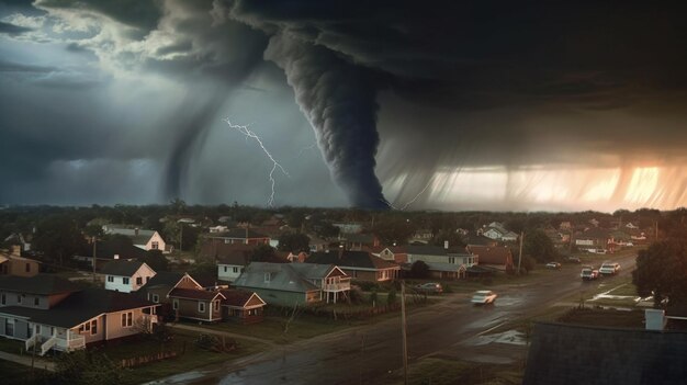 Arafed chmura tornadowa nad dzielnicą z domami i samochodami generatywny ai