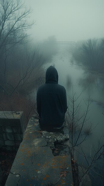 Zdjęcie arafed człowiek siedzący na krawędzi z widokiem na rzekę w mgle generatywny ai