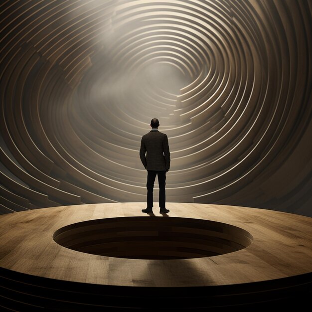 Zdjęcie arafed człowiek stojący w okrągłym pokoju z światłem przechodzącym przez to generatywny ai