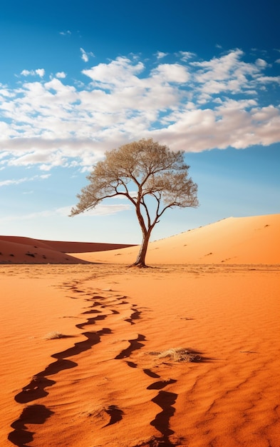 Arafed drzewo na pustyni ze śladami stóp w piasku generatywnym ai