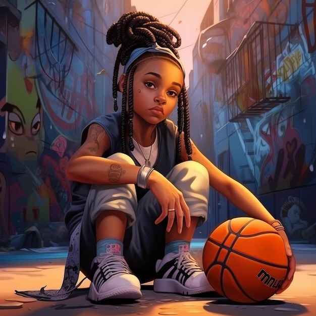 Arafed dziewczyna siedząca na ziemi z piłką do koszykówki generatywny ai