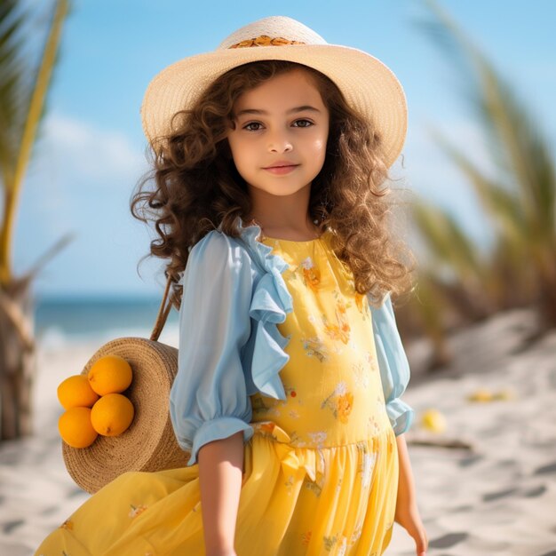 Arafed dziewczyna w żółtej sukience i kapeluszu trzymająca koszyk pomarańczy generatywny ai