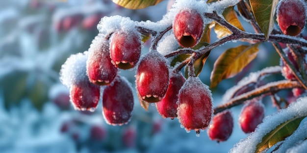 Arafed gałąź drzewa z czerwonymi jagodami pokrytymi śniegiem generatywny ai