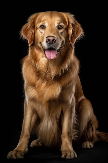 Arafed golden retriever siedzi na czarnym tle z wyciągniętym językiem generatywnym ai