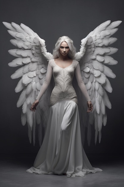 Arafed kobieta w białej sukni ze skrzydłami na ciele generatywne ai