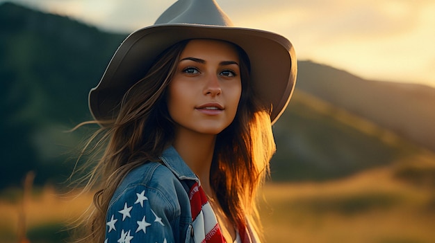 Arafed kobieta w kapeluszu i kurtce dżinsowej z amerykańską flagą na nim Generatywna sztuczna inteligencja