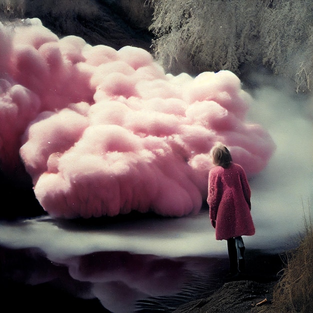 Zdjęcie arafed kobieta w różowym płaszczu stojąca przed różową chmurą generatywną ai