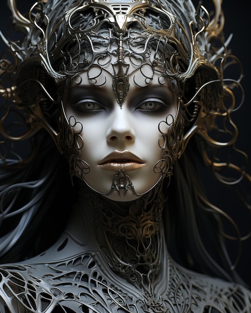 arafed kobieta z metalowym nakryciem głowy i czarnym tłem generatywną ai
