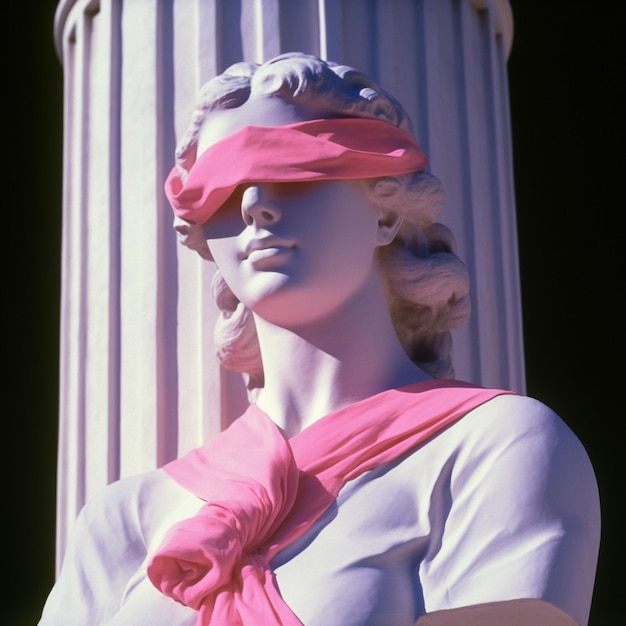 Arafed kobieta z różową opaską na oczach i różowym szalikiem stojąca obok białej kolumny generatywnej ai