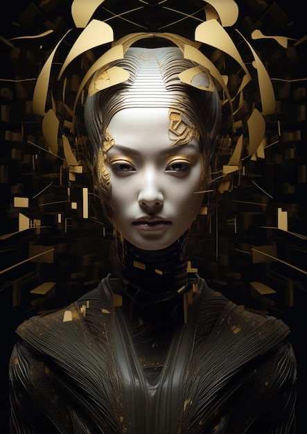 Arafed kobieta ze złotymi włosami i futurystycznym wyglądem w czarno-złotym pokoju generatywnym ai