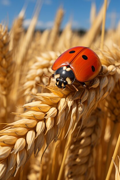 Arafed ladybug na łodygę pszenicy w polu generatywny ai