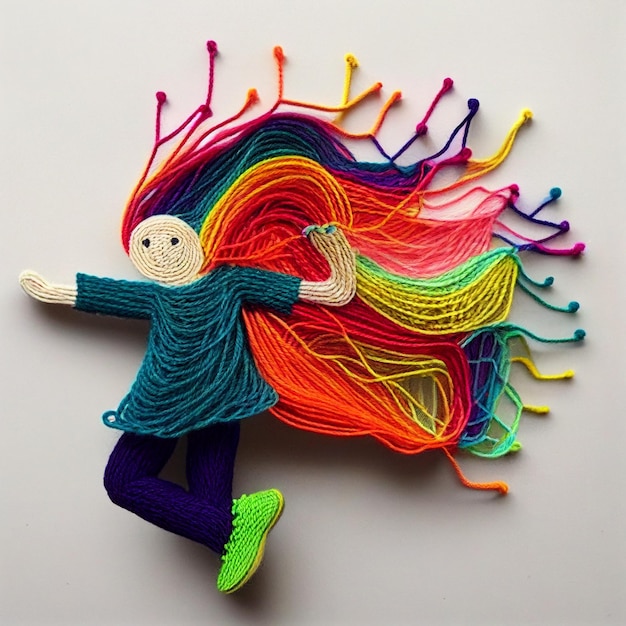 Arafed lalka z kolorowymi włosami i tęczową sukienką AI Generative