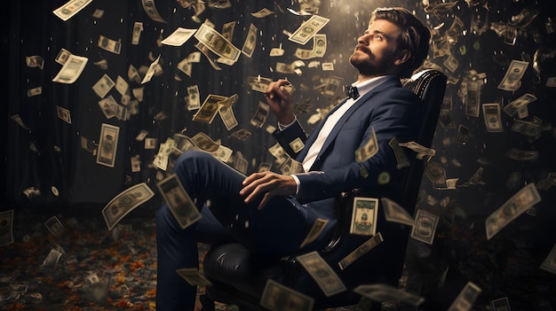 arafed mężczyzna siedzi na krześle z pieniędzmi spadającymi z nieba Generacyjna sztuczna inteligencja