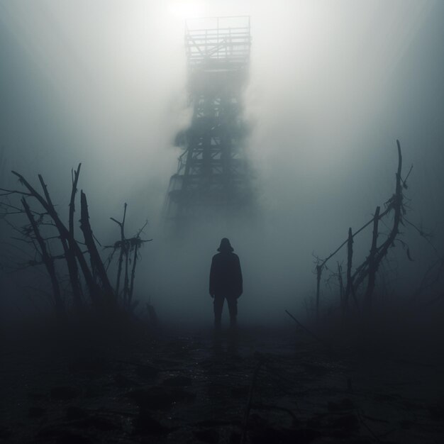 arafed mężczyzna stojący przed wieżą we mgle generatywnej ai