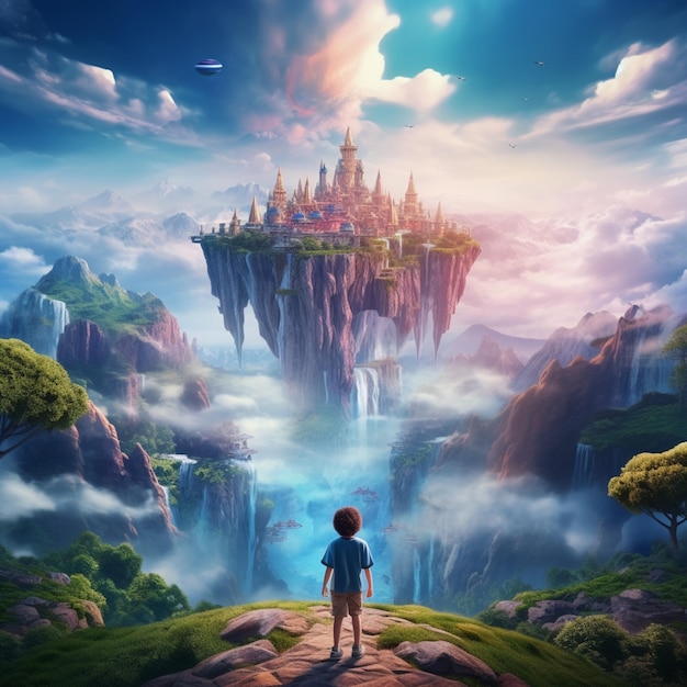 arafed obraz chłopca stojącego na skale patrząc na zamek na niebie generatywny ai