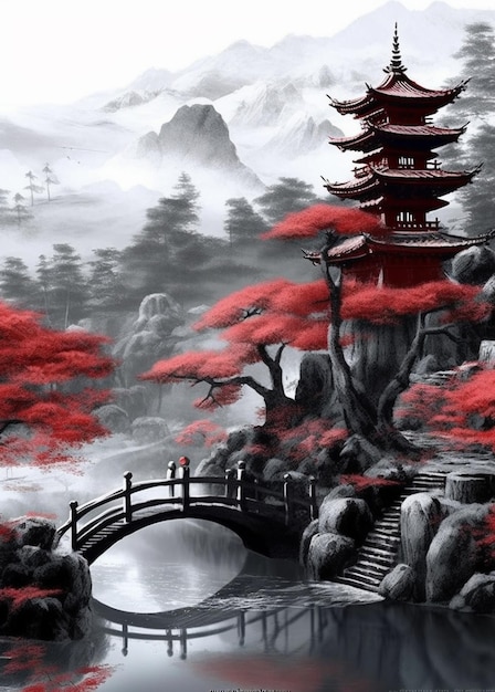Arafed obraz czerwonej pagody w czarno-białym krajobrazie generatywny ai