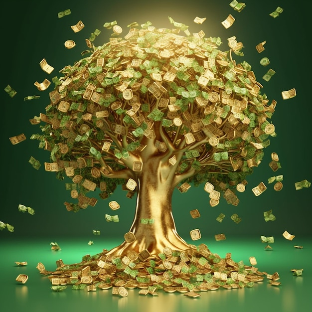 Arafed obraz drzewa z spadającymi z niego pieniędzmi generatywne ai