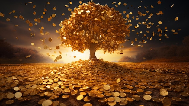 Arafed obraz drzewa z złotymi monetami spadającymi z niego generatywny ai